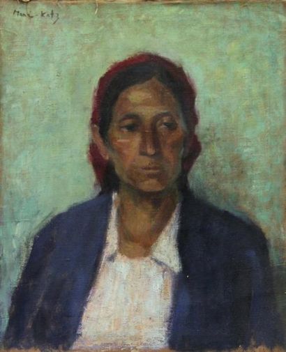 MANE KATZ (1894-1962) Portrait de femme au fichu rouge, Huile sur toile, sans châssis,...