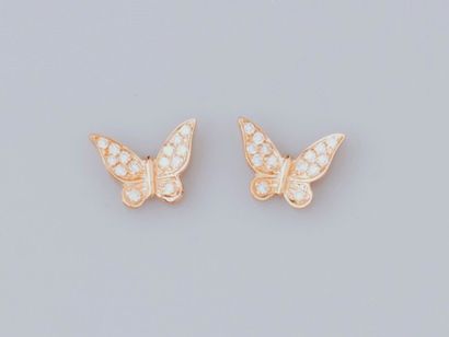 null Paire de boucles d'oreilles papillons en or rose 585°/°°(14K), serties de diamants...