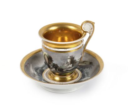 Gardner. Cup & saucer, painted in grisaille...