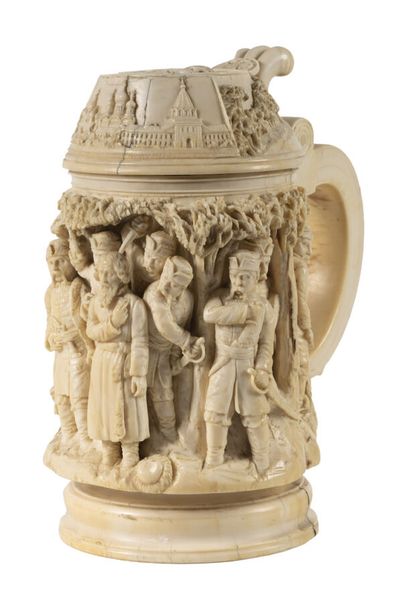 null Mug with a hinged lid, carved in a mammoth tusk, and illustrating the heroic...