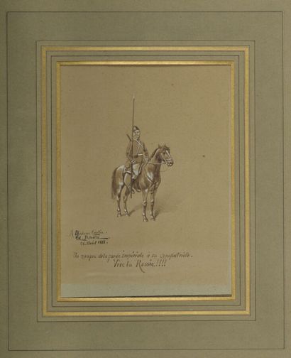 null Edouard Detaille. Cosaque de la garde impériale, à cheval.
Aquarelle et rehauts...