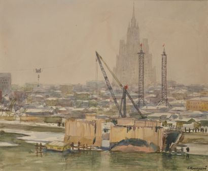 null Alexandre Pavlovitch Moguilevski (1885-1980). Vue de Moscou et d'un gratte-ciel.
Aquarelle...