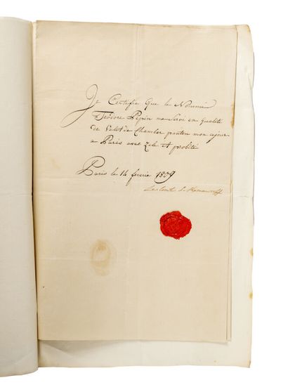 null Comte Nicolas de Roumianzoff. Lettre signée. Paris, 14 février 1809.
Certificat...