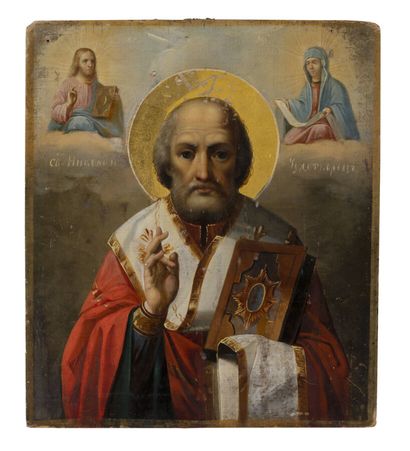 null Icône. Saint Nicolas, entouré du Christ et de sa Mère. Russie, milieu du XIXe...