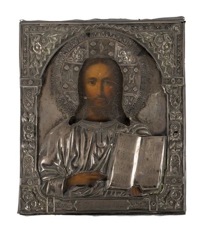 null Icône. Le Christ bénissant. Moscou, 1882.
Tempera sur bois. 31,5 x 27 cm.
Oklad...