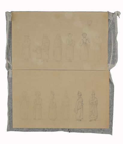 null Ecole russe. Croquis de costumes russes. Vers 1820.
Deux feuilles 17 x 29 cm,...