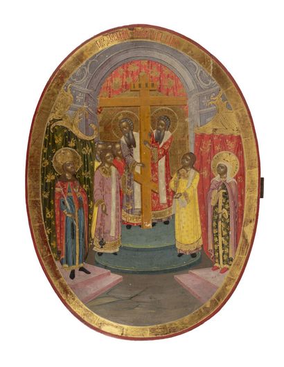 null Icône de l'Exaltation de la Sainte Croix. Russie, Palekh (?), XIXe siècle.

Tempera...