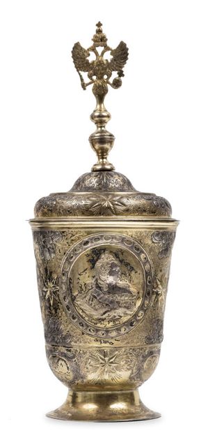 null Vasily Nikitin. Covered silver & gilt cup, with effigy, figure & arms of the...