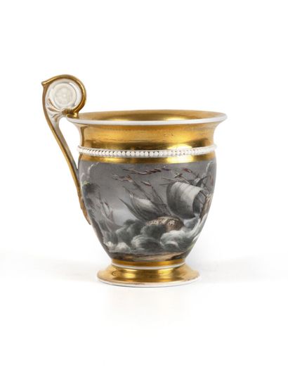 null Gardner. Cup & saucer, painted in grisaille of marine scenes. Moscow (Verbilki),...