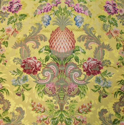 null Brocade, XIXth century, flowers and pineapple on yellow background, 140 x 126...