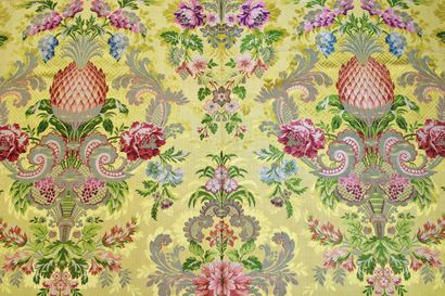 null Brocade, XIXth century, flowers and pineapple on yellow background, 140 x 126...