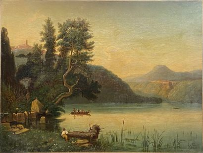 MONOGRAMME G C., Pêcheurs sur un lac, 1863,...