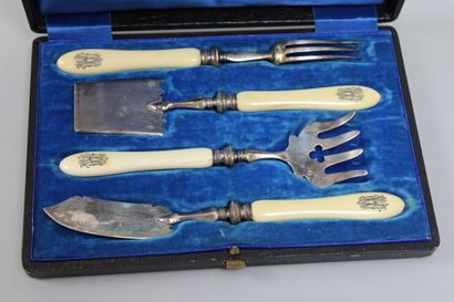 null Silver candy set including fork, knife, scoop. End of XIX century.