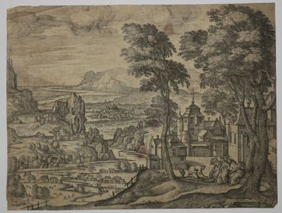 null BORCHT Pieter van der (1545 - 1608) - "Paysage fantastique avec Abraham lavant...