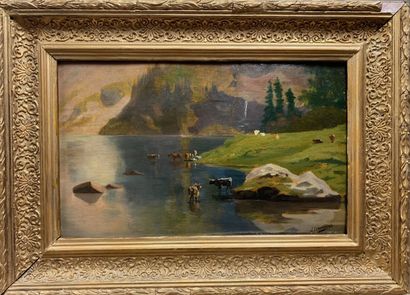 null LEMERCIER J., FIN XIXe DÉBUT XXe siècle, Lac de montagne, oil on canvas mounted...