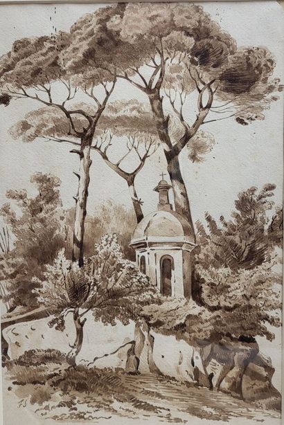 null School End of the XIXth Century : " Italian landscape ". Sepia ink monogrammed...