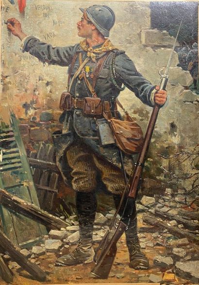 null MONGE Jules, 1855-1934, Soldier marking a wall, oil on canvas probably transposed...