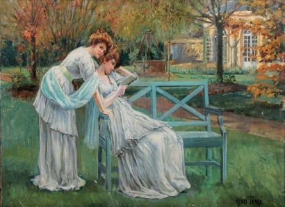 Henry TENRÉ (1864-1926) La lecture dans le jardin Huile sur toile signée en bas à...