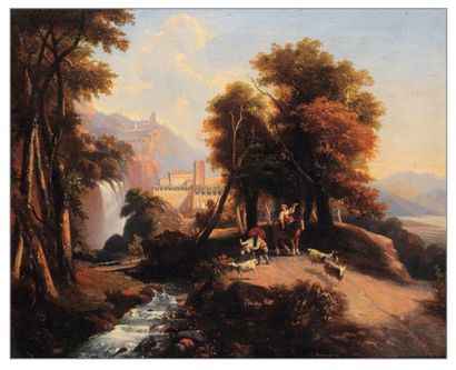 ECOLE FRANÇAISE DU XIXÈME SIÈCLE : « Berger et son troupeau devant un paysage de...