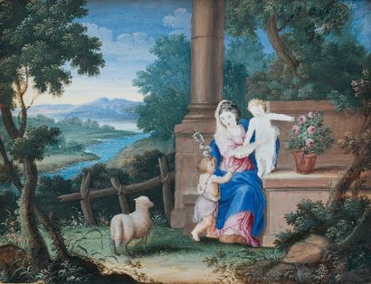 ECOLE FRANÇAISE, fin XVIIIème. « Vierge à l'Enfant et Saint-Jean Baptiste ». Gouache....
