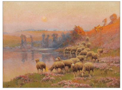 PAIL EDOUARD (1851-1916) : « Troupeau de mouton au bord de l'eau ». Huile sur toile...
