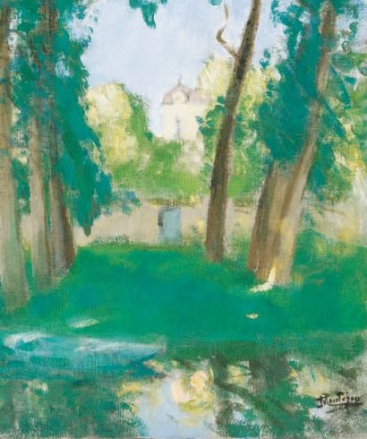 MONTEZIN PIERRE-EUGÈNE (1874-1946) "Château derrière les arbres" Peinture sur toile...