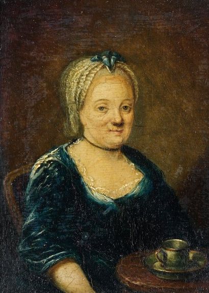 Ecole francaise vers 1760 « Portrait de femme devant une tasse de chocolat ». Panneau...