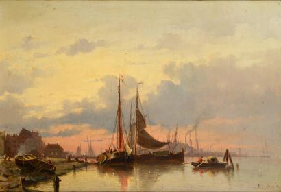 KOSTER Everhardus (1817-1892) Bateaux à quai, Hollande, au crépuscule. Huile sur...