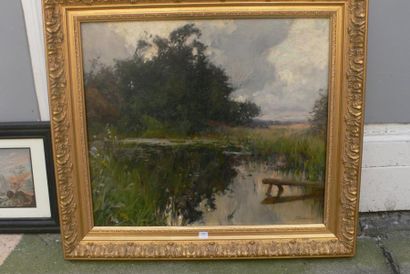 DARIEN Henri Gaston (1864-1926) Ponton en bord d'étang. Huile sur toile 50 x 58 ...