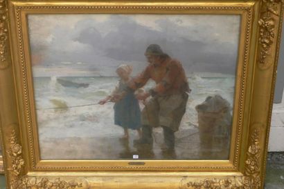 DARIEN Henri Gaston (1864-1926) La pêche en bord de mer Pastel et gouache 65 x 75...