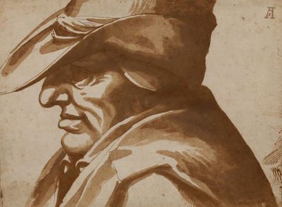 Ecole Hollandaise du XVIe siècle Portrait d'homme de profil coiffé d'un chapeau Plume,...