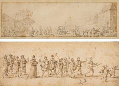 École HOLLANDAISE du XVIIe siècle 1- Procession: Gentilshommes, religieux et tambours...