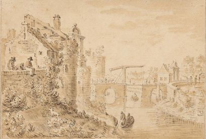 SAFTELEVEN Herman (Attribué à) Rotterdam 1609-1685 Rivière traversée par un pont...