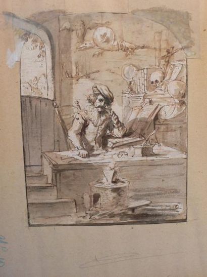 WYCK Thomas (Attribué à) Haarlem 1616 - 1677 Alchimiste assis dans son cabinet de...