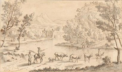DE GRAVE Joshua La Haye 1620 - 1699 Paysage de campagne à la rivière avec pâtres...