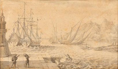 STORCK Abraham Amsterdam 1630 - 1710 Vue de port Plume, encre noire et lavis de gris....