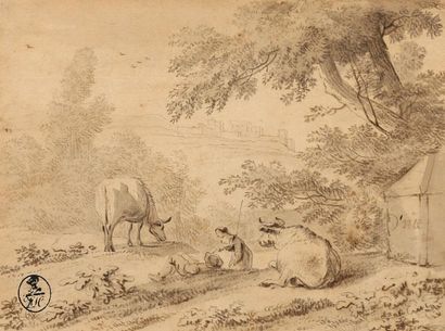 BERGHEN Dirk van 1661-1690 Vue de campagne avec un couple de pâtres et leurs animaux...