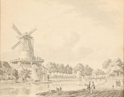 PRONCK Cornelis Amsterdam 1691 - 1759 Moulin au bord d'un canal Plume, encre noire,...