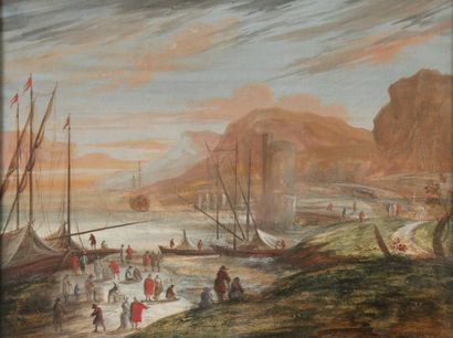 ECOLE HOLLANDAISE Premier tiers du XVIIIe siècle Six études de scène de port: 1 -...