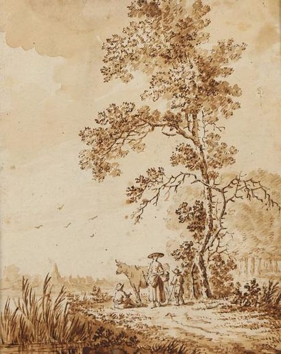 STRY Jacob van 1756 - 1815 Paysage de campagne au bord de la rivière avec une villageoise...