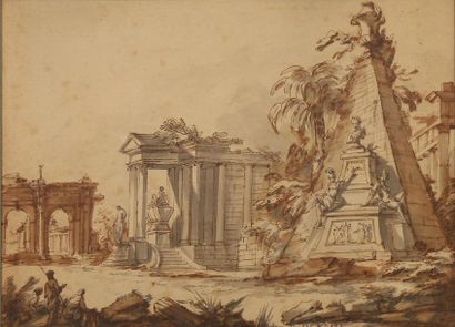 ECOLE ITALIENNE Seconde Moitié du XVIIIe siècle Arc de Triomphe, temple et mausolée...