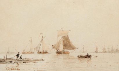KOSTER Everhardus (1817-1892) Le retour au port, temps calme. Encre brune et aquarelle...