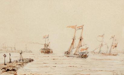 KOSTER Everhardus (1817-1892) La Sortie du port. Encre brune et aquarelle monogrammée...