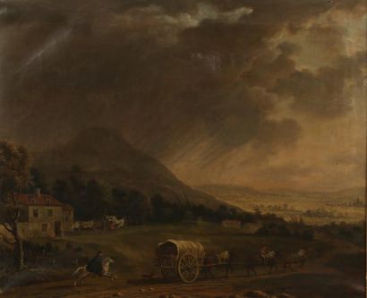BERTAUX Jacques Arcis-sur-Aube vers 1745-1818 Charrette et cavalier dans un paysage...