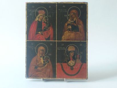 Les quatre Vierge. Icône sur panneau représentant quatre Vierge à l’enfant sur fond...