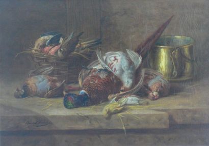 Alfred BRUNEL DE NEUVILLE (1852-1941) «Nature morte aux oiseaux». Huile sur toile...