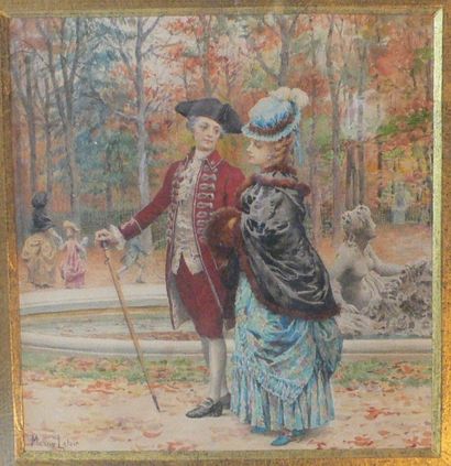 Maurice LELOIR (1853-1940) «Couple d'élégants dans un parc». Aquarelle signé en bas...