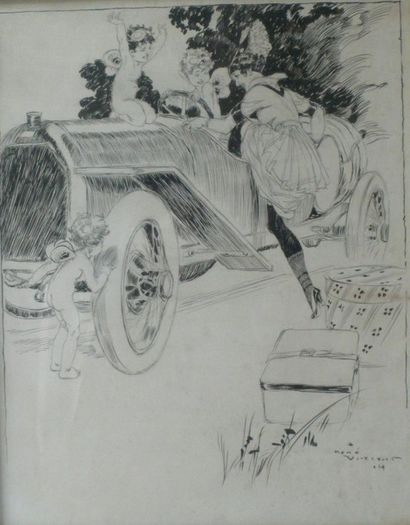 René VINCENT (1879-1936) «Le départ de la conductrice». Dessin au crayon et à l'encre...