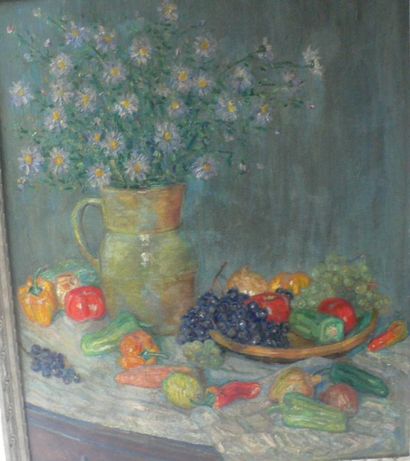 Mikhail PORTNOFF (1885-1978) «Nature morte aux fleurs, fruits et légumes». Huile...