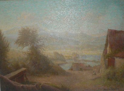 Marius TRAFER (XX-ème) «Paysage animé au bord de l'eau». Huile sur toile signée en...